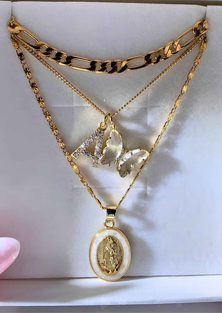 White Initial & Butterfly 24k Gold Filled Layered Mary Set