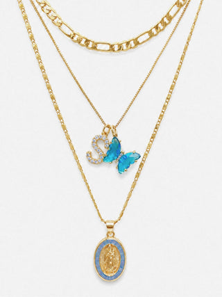 Blue Initial & Butterfly 24k Gold Filled Layered Mary Set
