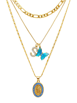 Green Initial & Butterfly 24k Gold Filled Layered Mary Set