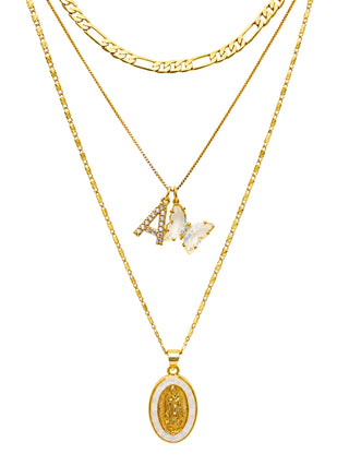 White Initial & Butterfly 24k Gold Filled Layered Mary Set