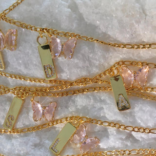 Initial & Pink Crystal Butterfly 24k Gold Filled Necklace