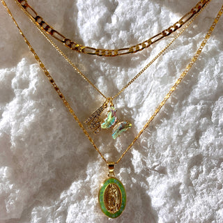 Green Initial & Butterfly 24k Gold Filled Layered Mary Set