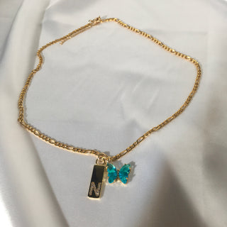 Initial & Blue Crystal Butterfly 24k Gold Filled Necklace