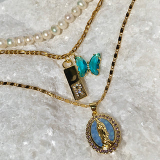Initial Blue Pearl&Butterfly 24k Gold Filled Layered Necklace Set