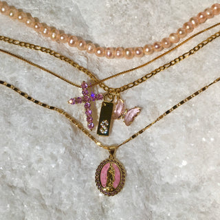 Initial Pink Pearl&Butterfly 24k Gold Filled Layered Necklace Set
