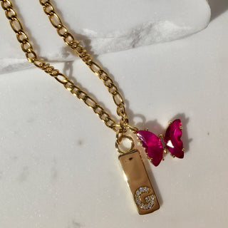 Initial Fuchsia Butterfly 24k Gold Filled Layered Necklace Set