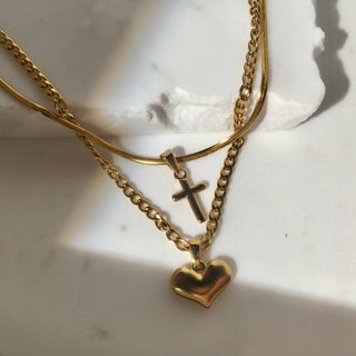 Tiny Cross & Heart 24k Gold Filled Layered Necklace Set
