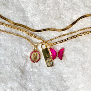 Initial Fuchsia Butterfly 24k Gold Filled Layered Necklace Set
